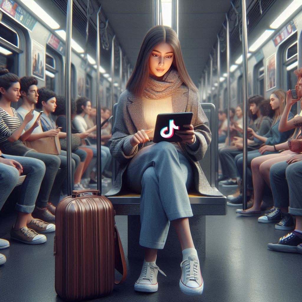 Mit Dall-E KI-generiertes Bild (inkl. KI-Fehler ^^) – Erstelle ein fotorealistisches Bild in denen Menschen in der U-Bahn sitzen und TikTok oder Youtube-Videos gucken
