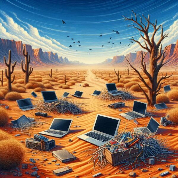 Mit Dall-E KI-generiertes Bild – Erstelle ein Bild, in dem Tumbleweeds durch die Wüste fliegen und verlassene PCs, Notebooks und MacBook herumstehen
