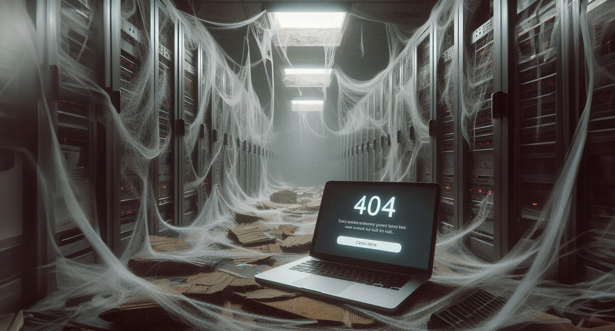 KI generiertes Bild: Ein verlassener Serverraum mit Spinnenweben, in dem ein Macbook steht, auf dessen Bildschirm eine Webseite mit dem Fehlercode 404 zu sehen ist