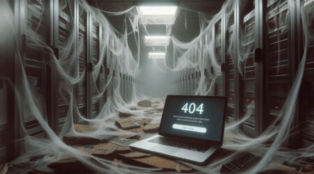 KI generiertes Bild: Ein verlassener Serverraum mit Spinnenweben, in dem ein Macbook steht, auf dessen Bildschirm eine Webseite mit dem Fehlercode 404 zu sehen ist