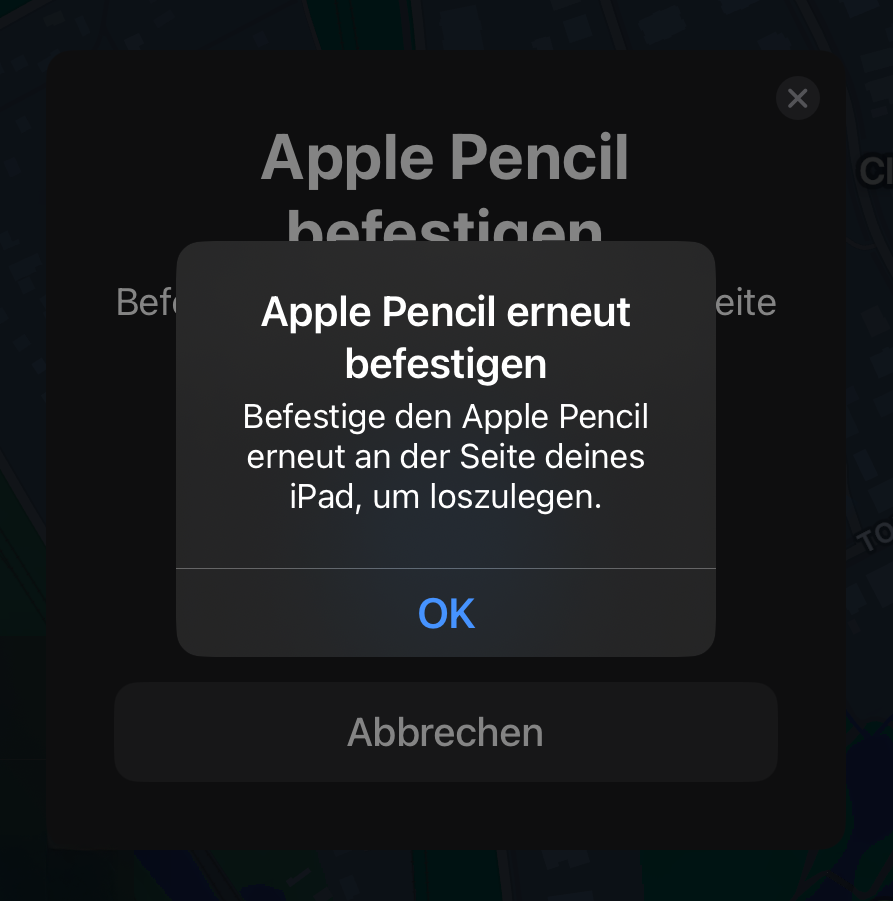 Apple Pencil Fehlermeldung: Apple Pencil erneut befestigen. Befestige den Apple Pencil erneut an der Seite deines iPad, um loszulegen