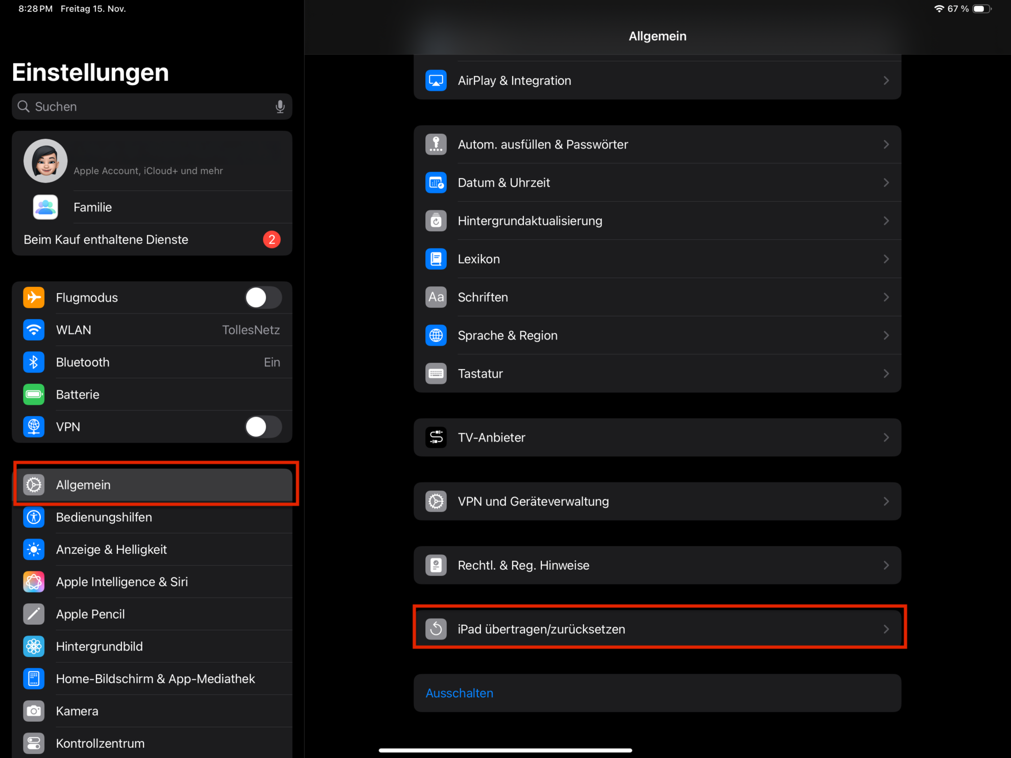 iPad Einstellungen -> Allgemein -> iPad übertragen/zurücksetzen"