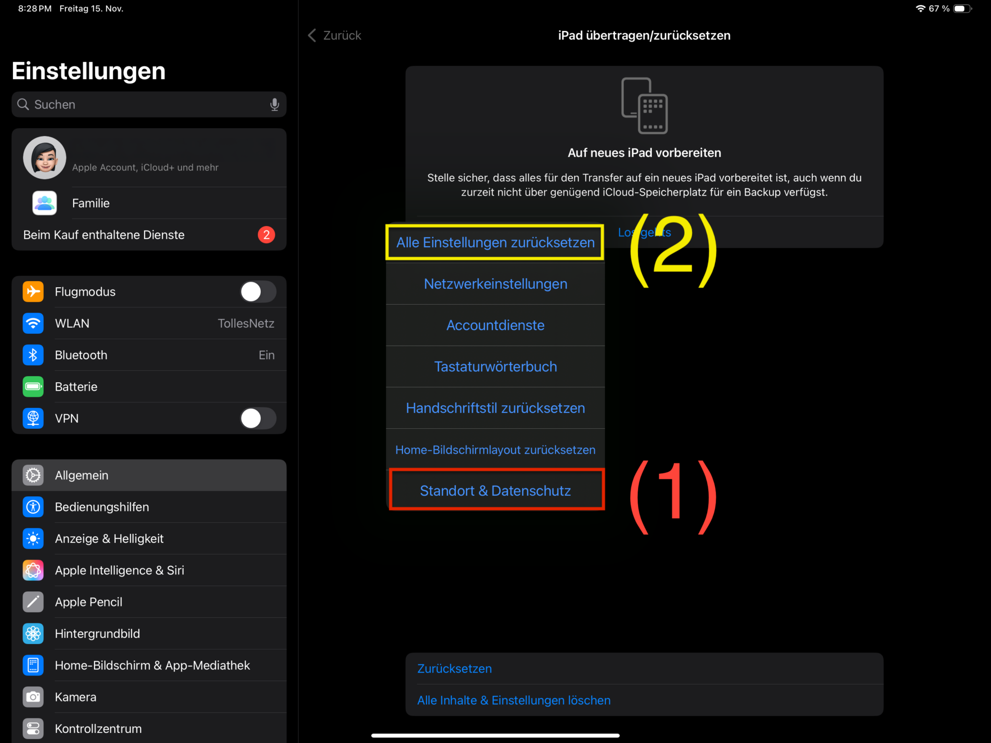iPad Einstellungen Standort & Datenschutz (1) und ggf. Alle Einstellungen (2) zurücksetzen